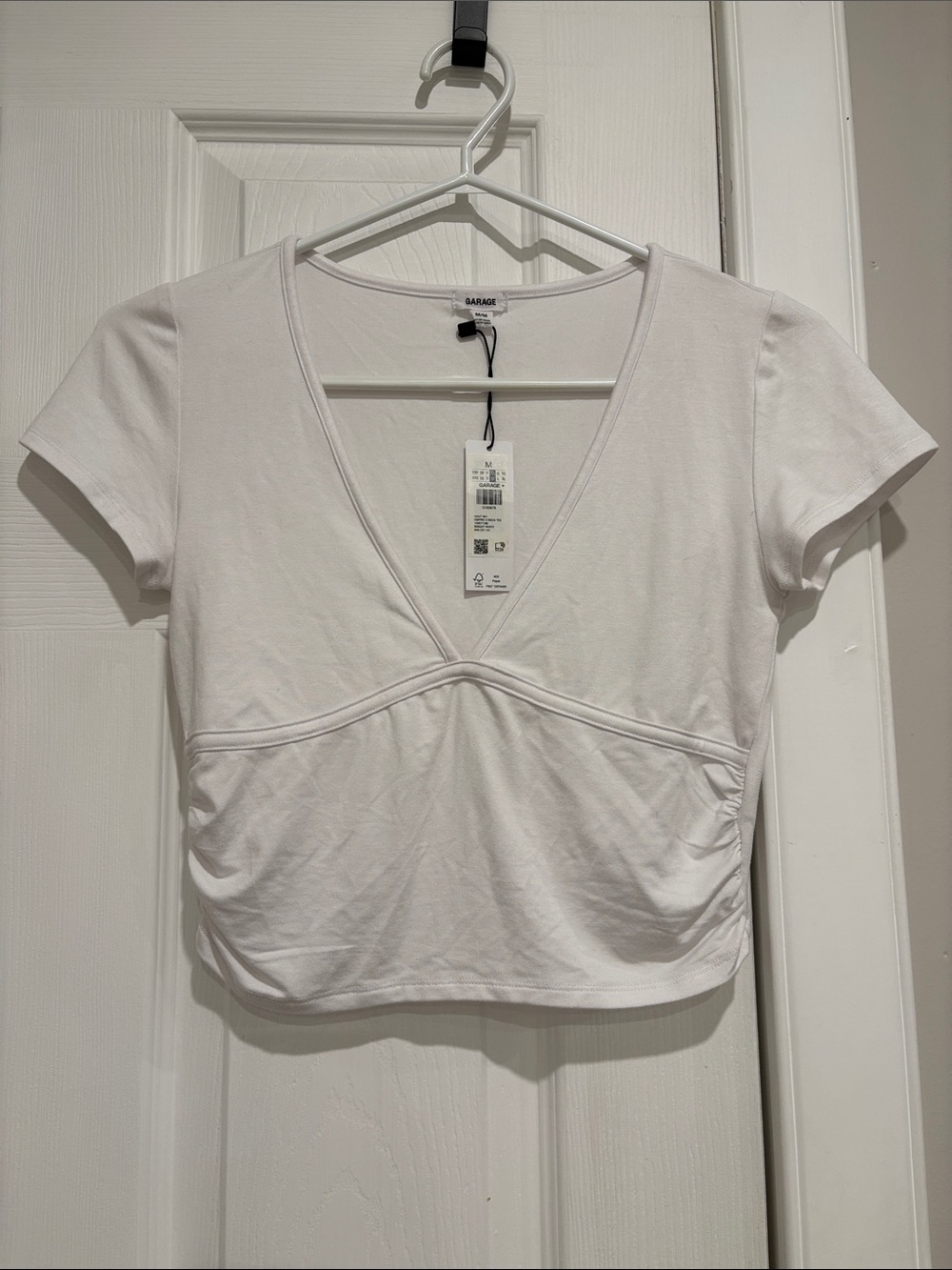 Garage White V-Neck Cropped Tee with Subtle Ruching